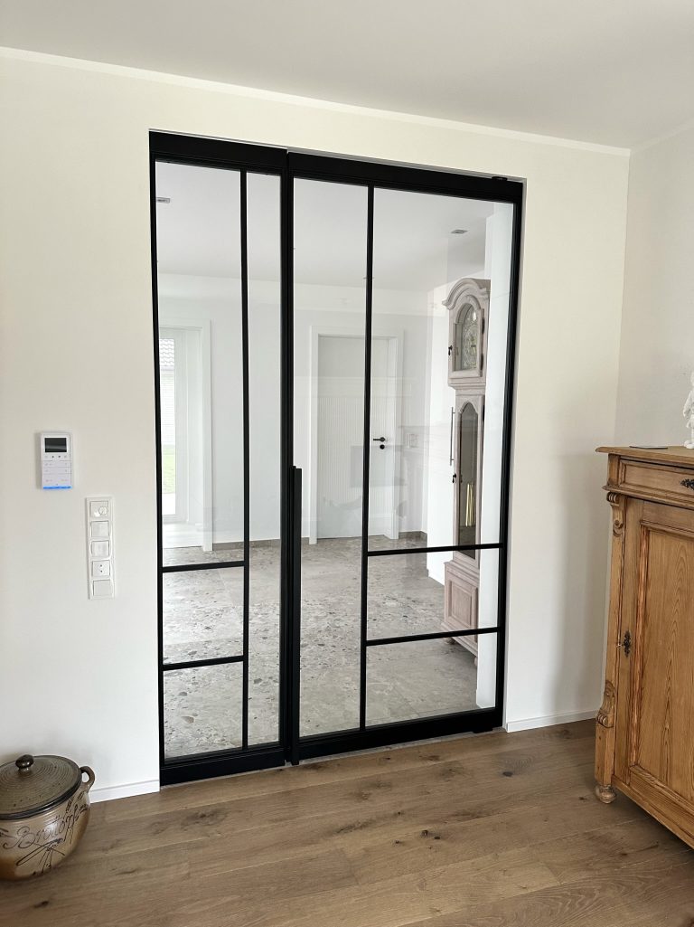 Loft-Pivottür mit Fixelement und Griff Levem – Klarglas für mehr Licht