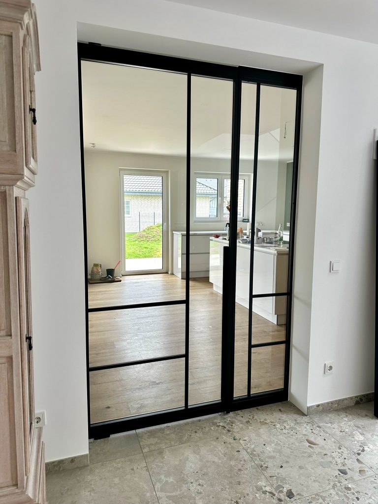 Loft-Pivottür mit Fixelement und Griff Levem – Klarglas für mehr Licht