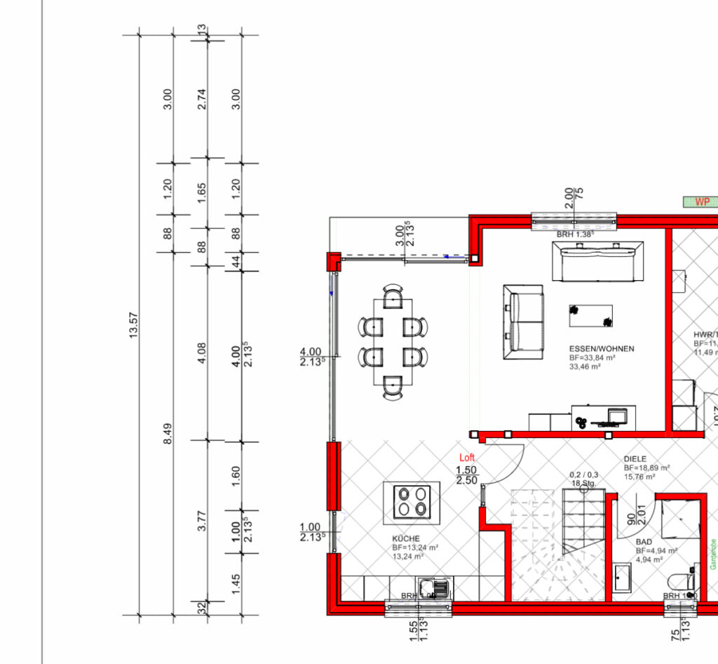 Grundriss mit eingezeichneten Stahl-Glas-Lofttüren für Wohnzimmer, Küche, Homeoffice und Windfang