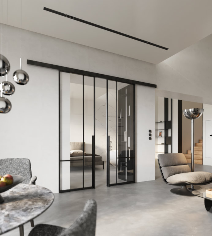 Stahl-Schiebetür im Loftstil mit filigranen Profilen und Klarglas