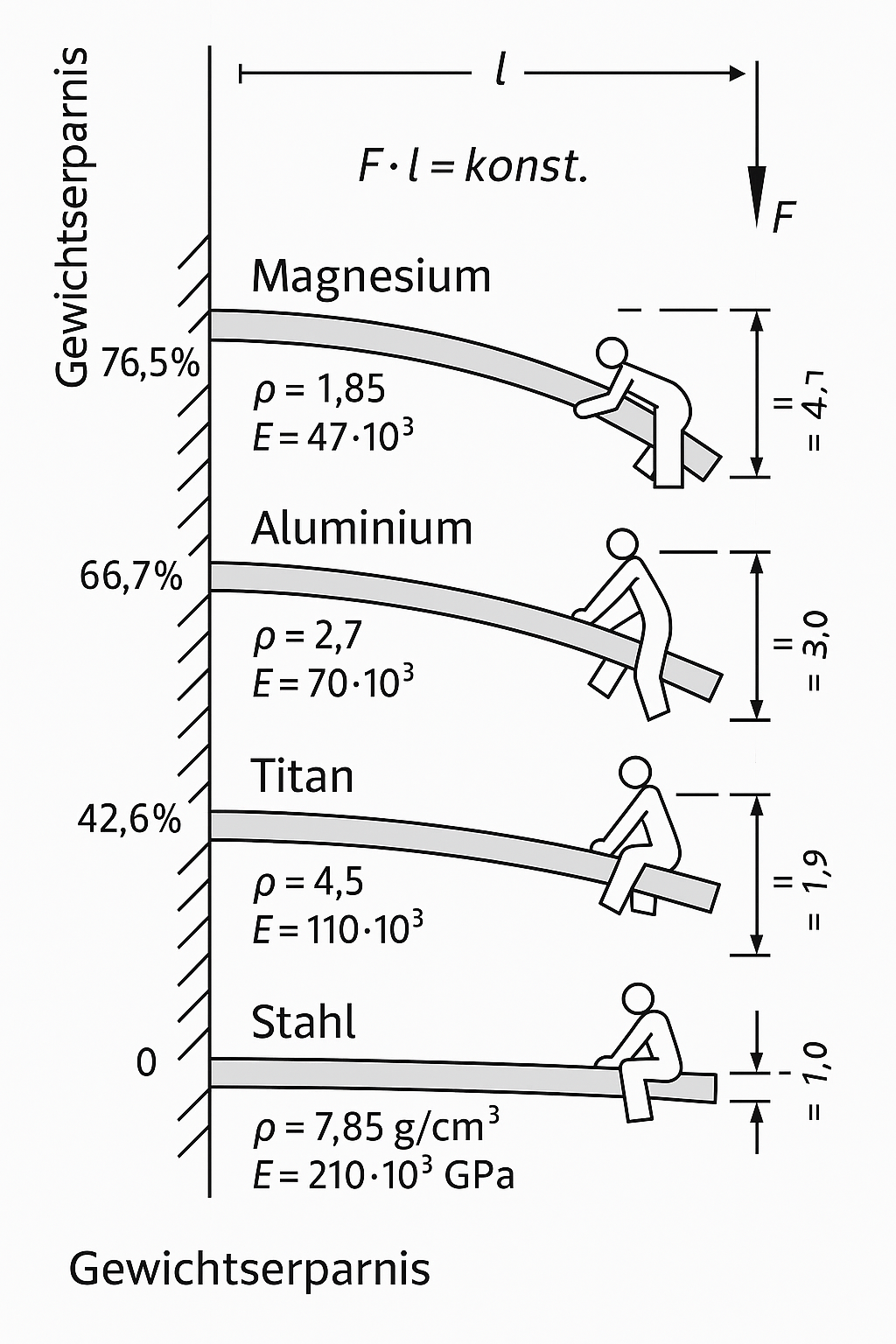 Vergleich der Durchbiegung von Stahl, Titan, Aluminium und Magnesium bei gleicher Kraft und Balkenlänge