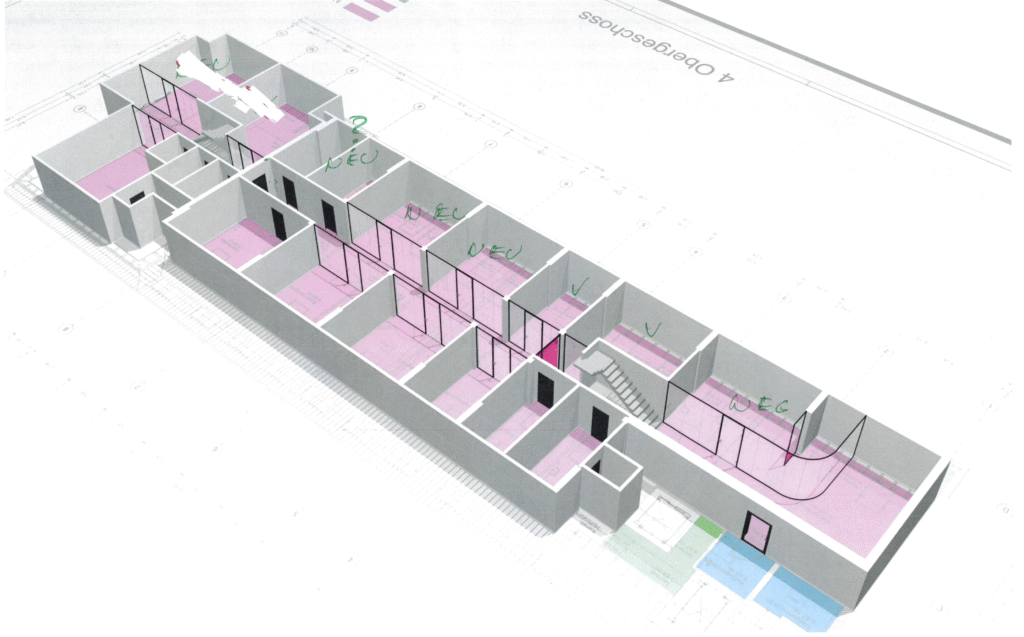 Architektonische Umbauplanung eines Bürogebäudes mit Lofttüren aus Stahl und Glas in Düsseldorf