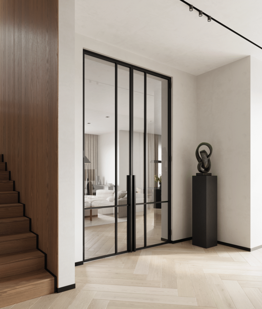 OTIF Prestige 2.0 Stahl-Loft-Doppeltür mit Klarglas als Eingang zum Wohnzimmer