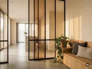 Helles Büro-Empfangsbereich mit Stahl-Glas-Trennwand, matten schwarzen Profilen, Eichenholzbank und Leinenkissen im warmen Tageslicht.