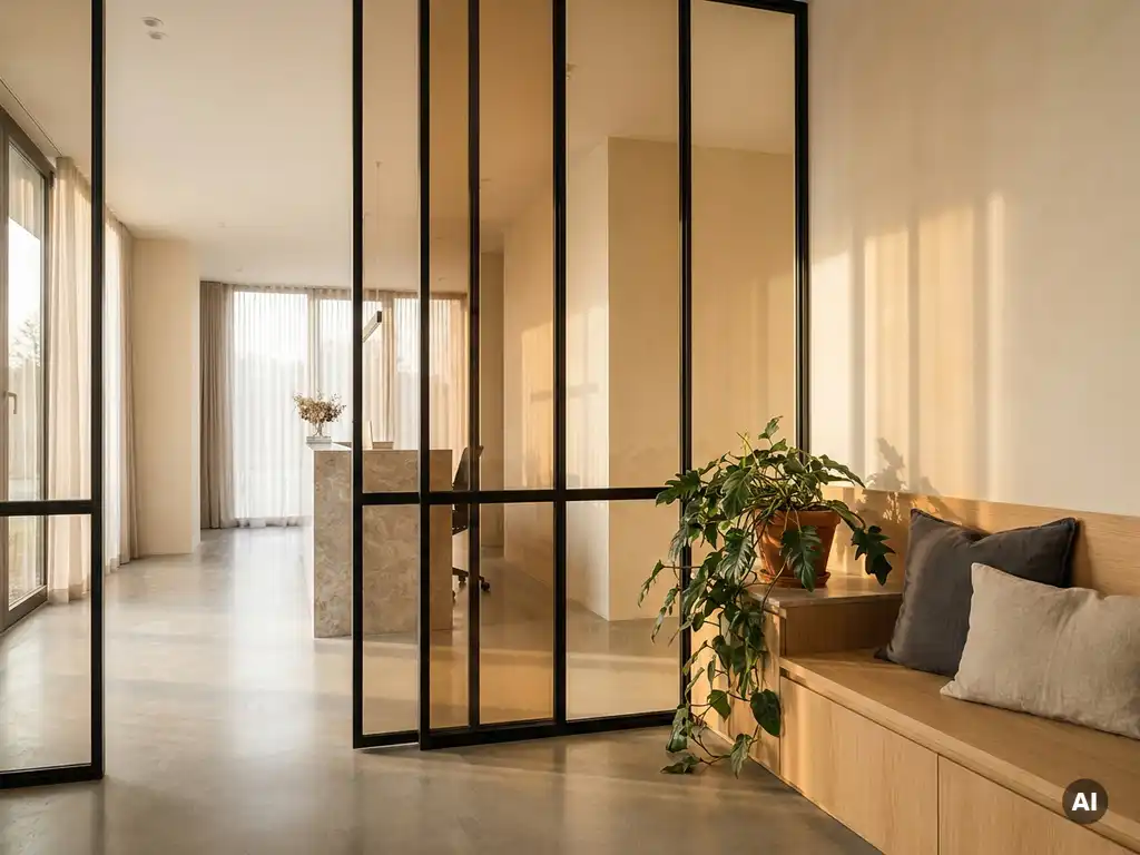 Helles Büro-Empfangsbereich mit Stahl-Glas-Trennwand, matten schwarzen Profilen, Eichenholzbank und Leinenkissen im warmen Tageslicht.