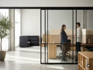 Stahl-Glas-Schiebetür mit schwarzen Profilen teilt ein modernes Loftbüro in Kollaborationszonen, Eichenholz-Schreibtische und Akustikpaneele im Hintergrund.
