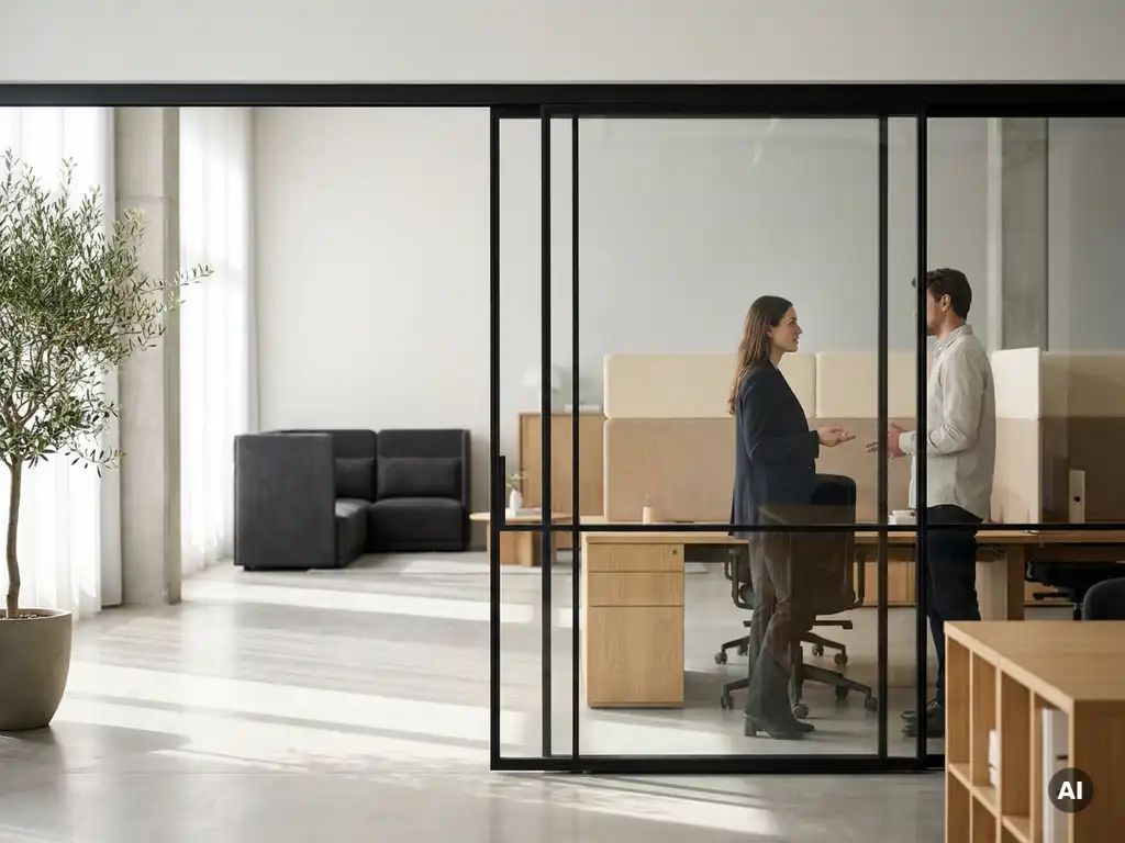 Stahl-Glas-Schiebetür mit schwarzen Profilen teilt ein modernes Loftbüro in Kollaborationszonen, Eichenholz-Schreibtische und Akustikpaneele im Hintergrund.