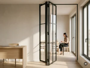 Raumhohe Stahl-Glas-Pivottür mit schlanken Mattschwarzen Profilen trennt Büro-Fokuszone von Kollaborationsbereich, Eichenholz-Schreibtisch, natürliches Tageslicht.