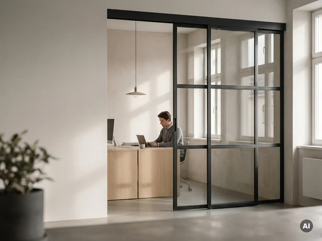 Mattschwarze Stahl-Glas-Schiebetür trennt modernen Startup-Arbeitsbereich, junger Profi arbeitet im Hintergrund an hellem Eichenholzschreibtisch.