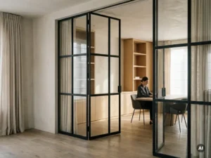Schwarze Stahl-Glas-Pivottür mit schlanken Profilen trennt elegantes Büro mit Eichenregalen und gedämpften Putzwänden.
