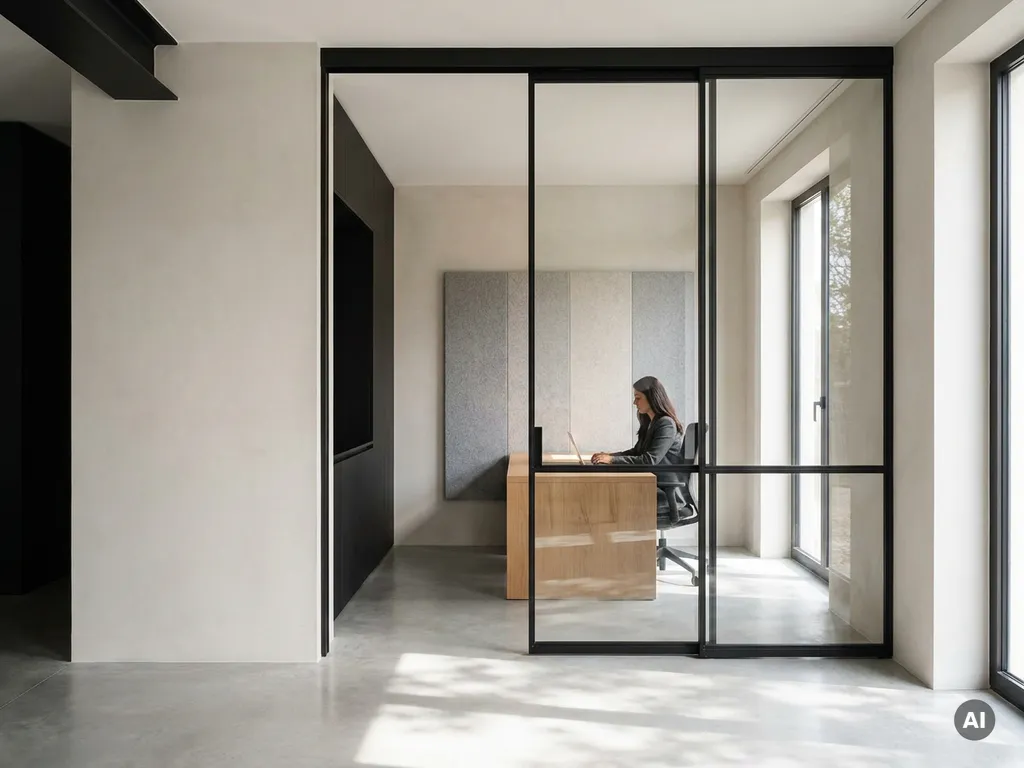 Matte schwarze Stahl-Glas-Trennwand mit schlanken Profilen teilt ein offenes Büro in einen ruhigen Arbeitsbereich mit Eichenschreibtisch.
