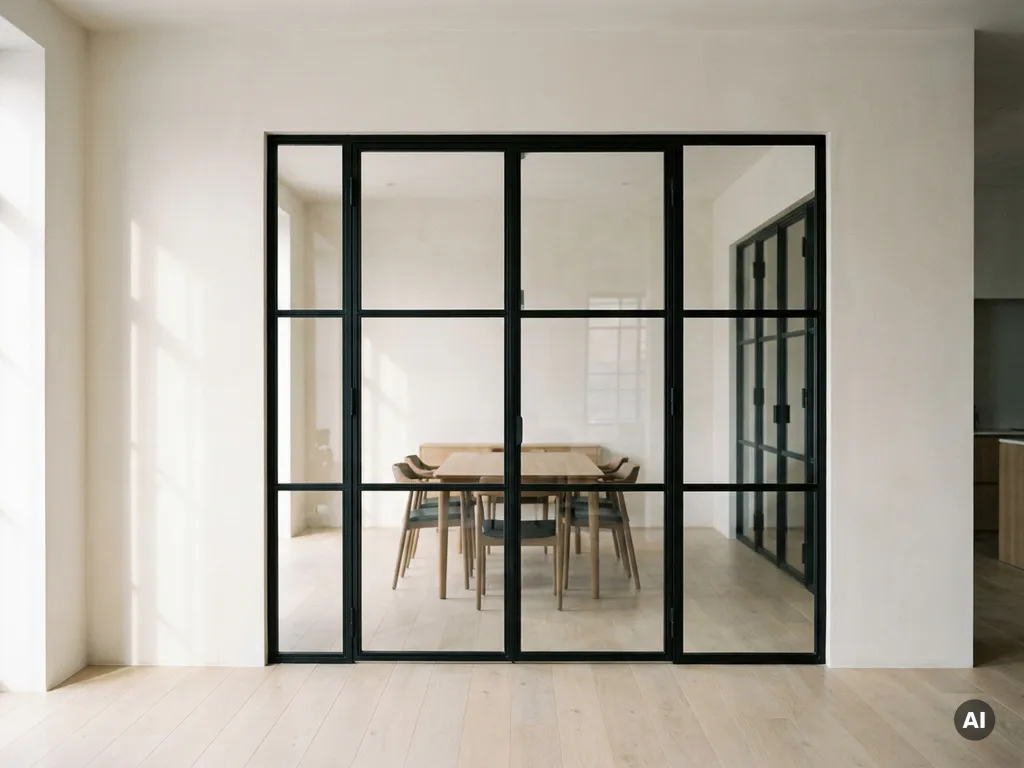 Schlanke Stahl-Glas-Lofttür in mattem Schwarz mit klaren Glasflächen, Blick in modernen Meetingraum, helles Eichenparkett und weiße Wände.