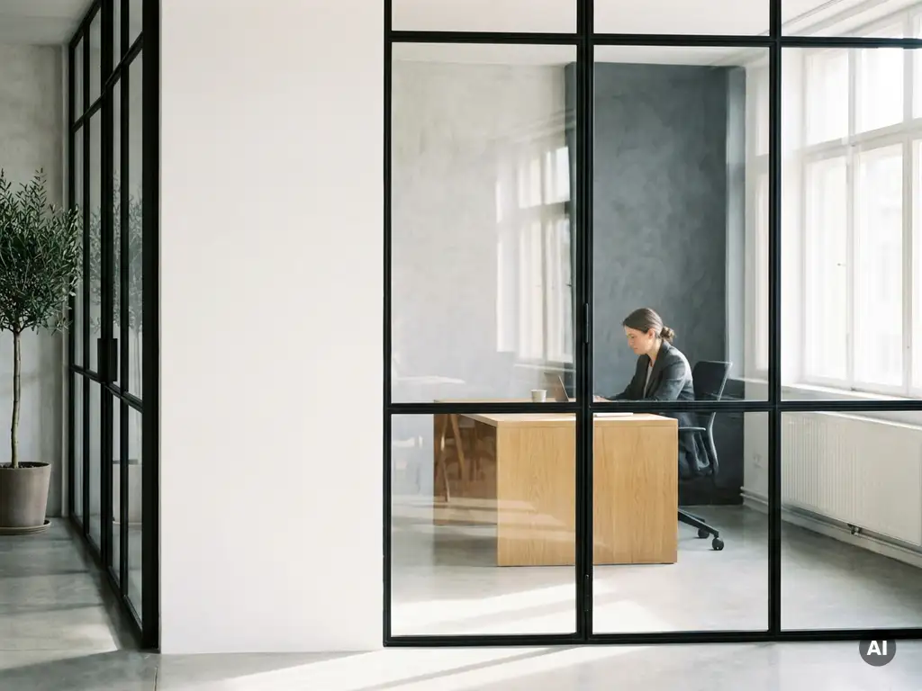 Matte schwarze Stahl-Glas-Trennwand im Büro mit schlanken Profilen, Eichenholzschreibtisch und natürlichem Tageslicht.