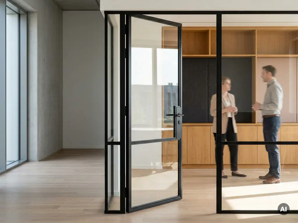 Matte schwarze Stahl-Glas-Pivottür zwischen Denkraum und offenem Büro, Eichenregale und Akustikpaneele im Hintergrund, zwei Personen im Gespräch.