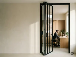 Raumhohe Pivot-Lofttür aus mattem Schwarzstahl mit Sprossenverglasung trennt ein elegantes Büro mit Natureiche-Schreibtisch.