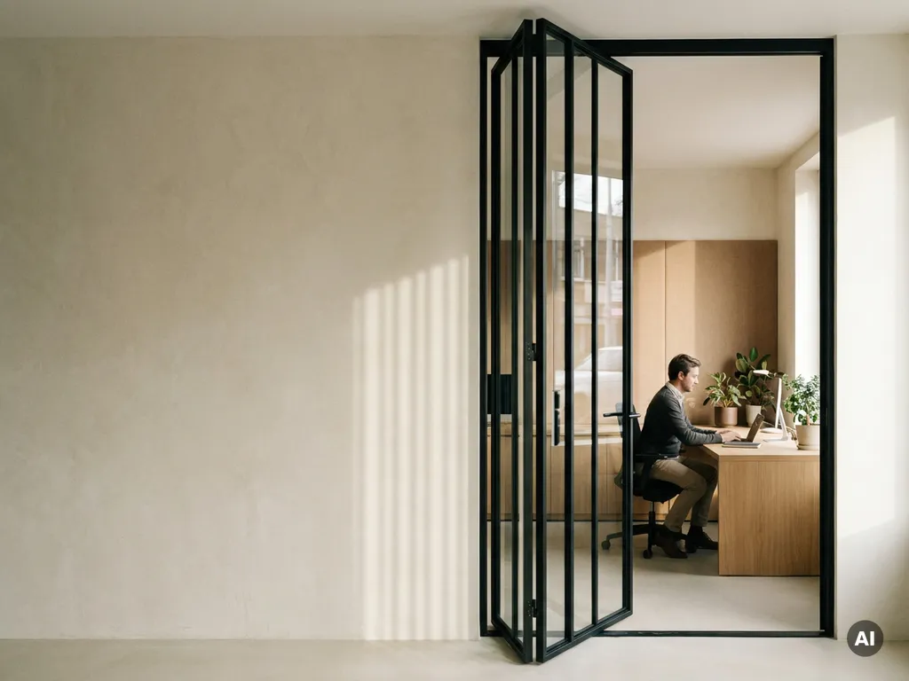 Raumhohe Pivot-Lofttür aus mattem Schwarzstahl mit Sprossenverglasung trennt ein elegantes Büro mit Natureiche-Schreibtisch.