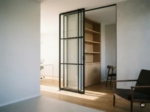 Matte schwarze Stahl-Glas-Pivottür in modernem Büro mit Eichenregal, Plasterwänden und warmem Eichenholzboden im Hintergrund.