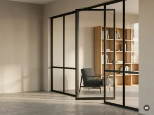 Matte schwarze Stahl-Glas-Pivottür mit schlanken Profilen in einem eleganten europäischen Büro mit Natureichenregalen und gedämpftem Tageslicht.