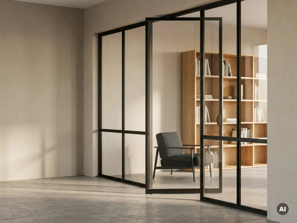 Matte schwarze Stahl-Glas-Pivottür mit schlanken Profilen in einem eleganten europäischen Büro mit Natureichenregalen und gedämpftem Tageslicht.