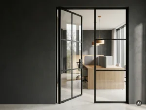 Schwarze Stahl-Glas-Pivottür mit schlanken PRESTIGE-Profilen zwischen Büro und Besprechungsraum, Eichenholzschreibtisch im Hintergrund.