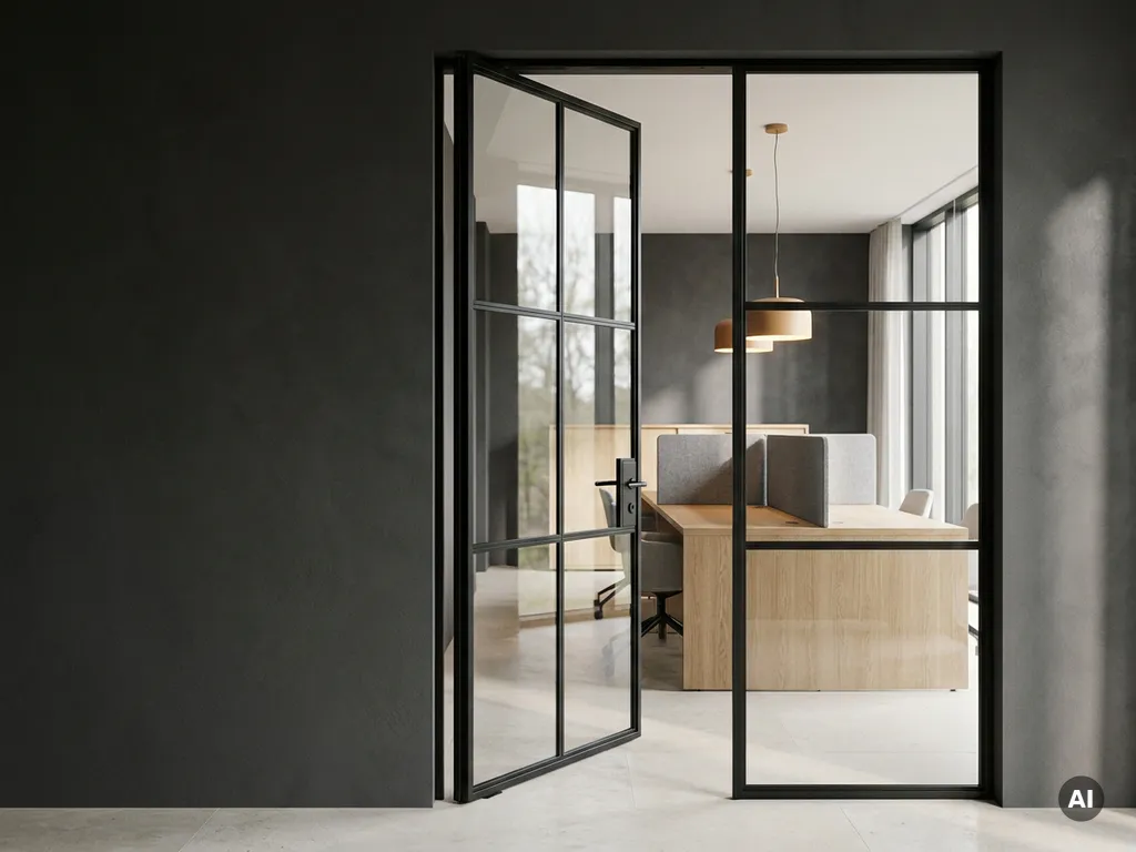 Schwarze Stahl-Glas-Pivottür mit schlanken PRESTIGE-Profilen zwischen Büro und Besprechungsraum, Eichenholzschreibtisch im Hintergrund.