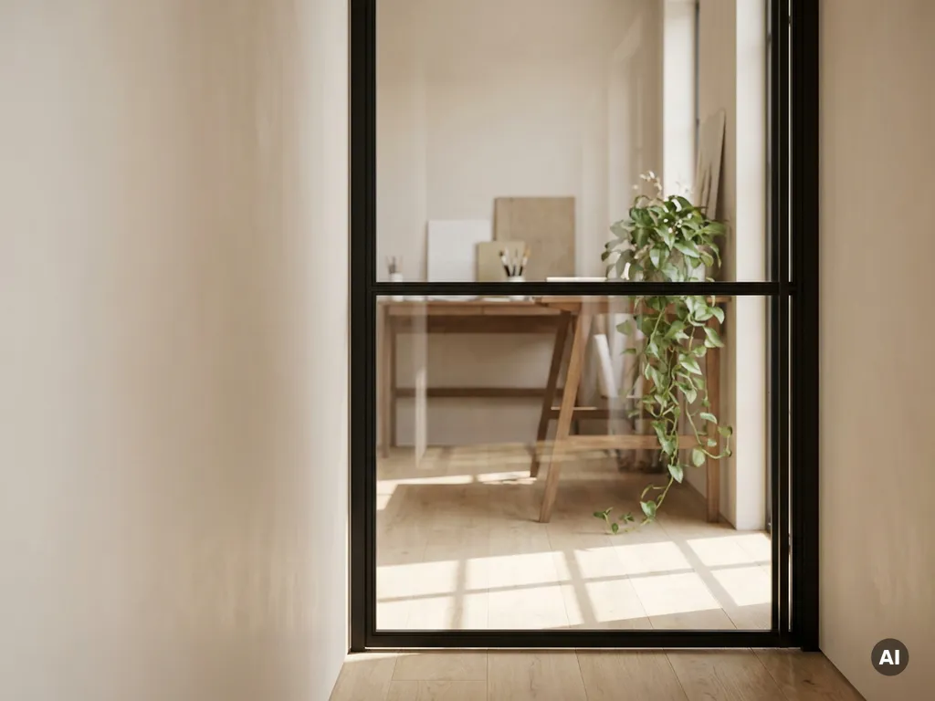Mattschwarze Stahl-Glas-Lofttür mit schlanken Profilen, die einen sonnendurchfluteten Kreativraum mit Eichenparkett und Designerarbeitsplatz rahmt.