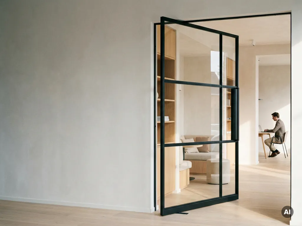 Matte schwarze Stahl-Glas-Pivottür zwischen Büro und kollaborativem Arbeitsbereich, schlanke Profile, Natureiche und Naturlicht.