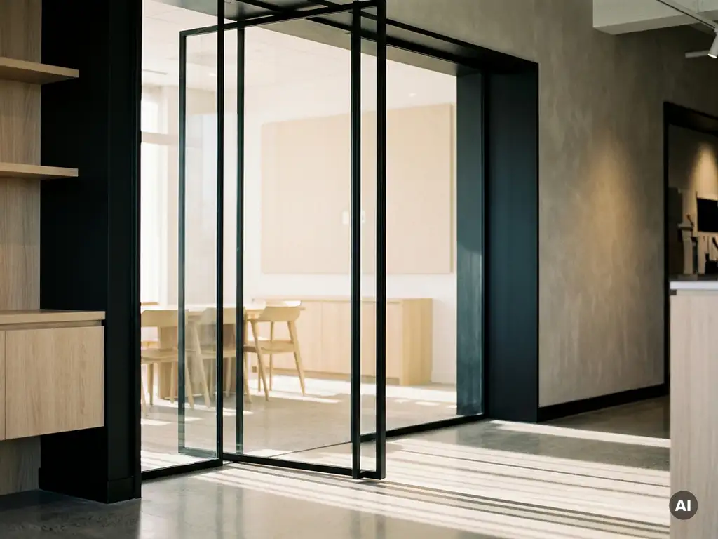 Schwarze Stahl-Glas-Pivottür in modernem Büro mit Sichtbeton, Eiche und hellem Besprechungsraum dahinter.