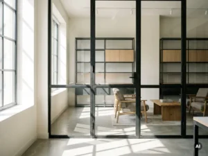 Schwarze Stahl-Glas-Lofttür in modernem Büro mit Sichtbeton, Natureinfallslicht und minimalistischem Design.