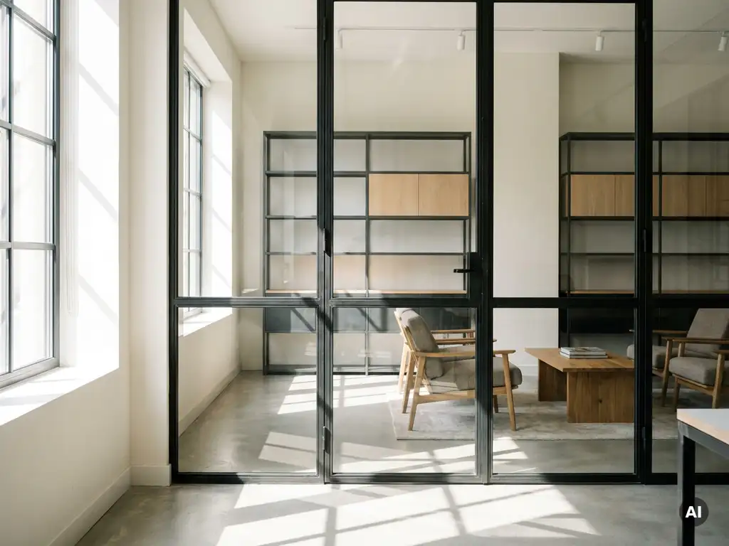 Schwarze Stahl-Glas-Lofttür in modernem Büro mit Sichtbeton, Natureinfallslicht und minimalistischem Design.