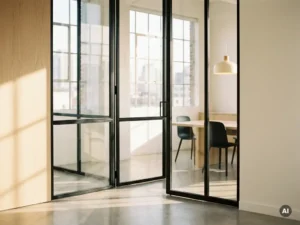 Stahl-Glas-Lofttür mit schwarzen Profilen trennt modernen Bürobereich, Tageslicht wirft geometrische Schatten auf Betonboden.