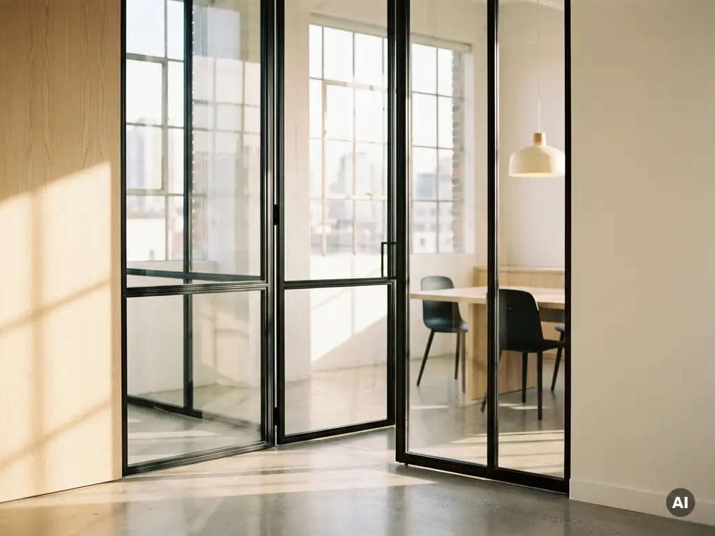 Stahl-Glas-Lofttür mit schwarzen Profilen trennt modernen Bürobereich, Tageslicht wirft geometrische Schatten auf Betonboden.