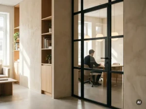 Stahl-Glas-Lofttür mit matten schwarzen Profilen in einem modernen Coworking Space, dahinter eine hell erleuchtete Kollaborationszone aus hellem Eichenholz.