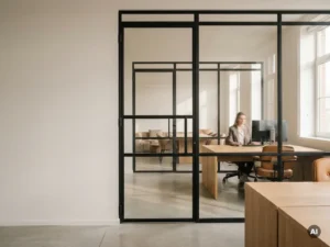 Raumhohe Stahl-Glas-Lofttür mit mattschwarzem Profil trennt Kombibüro in Arbeits- und Kollaborationsbereiche, Eichenholzoberflächen dahinter sichtbar.