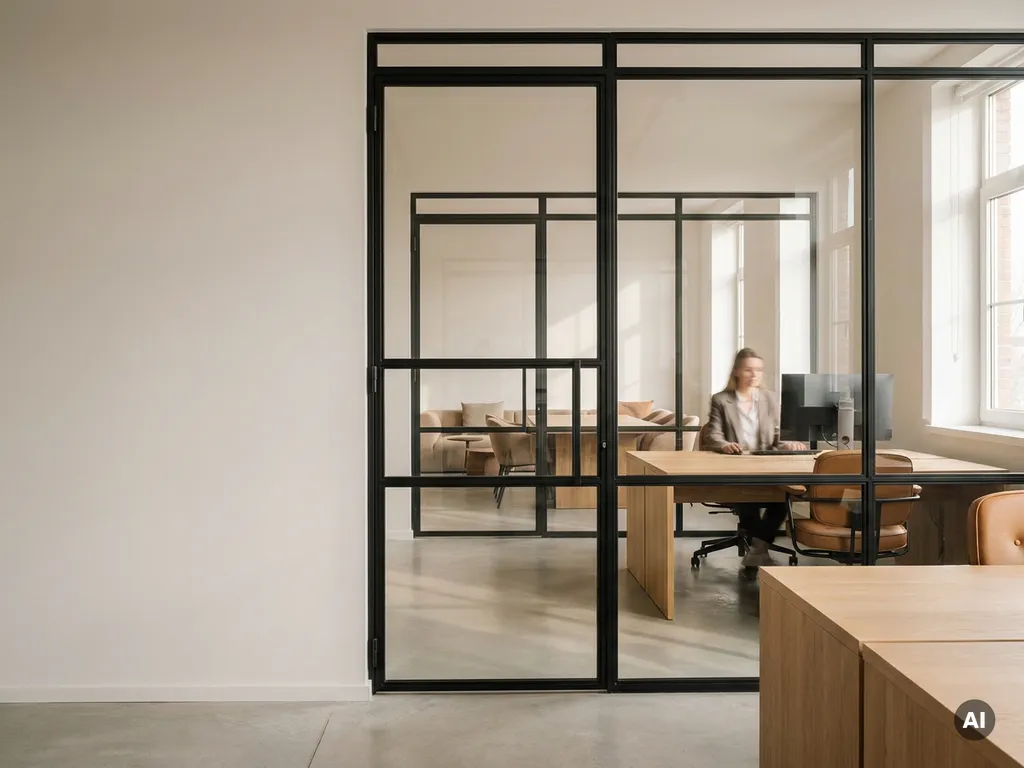 Raumhohe Stahl-Glas-Lofttür mit mattschwarzem Profil trennt Kombibüro in Arbeits- und Kollaborationsbereiche, Eichenholzoberflächen dahinter sichtbar.