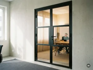 Schwarze Stahl-Glas-Lofttür in modernem Büro mit klaren Glasflächen, Sichtbeton und mattschwarzen Beschlägen im Tageslicht.