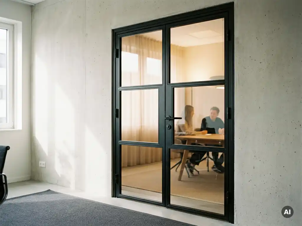 Schwarze Stahl-Glas-Lofttür in modernem Büro mit klaren Glasflächen, Sichtbeton und mattschwarzen Beschlägen im Tageslicht.