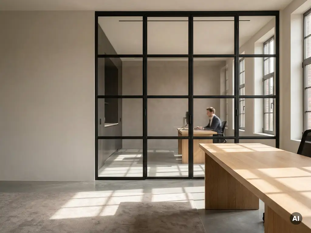 Stahl-Glas-Lofttür mit matten schwarzen Profilen trennt zwei Arbeitsbereiche in einem europäischen Büro mit Natureichenholz und Kalkputzwänden.