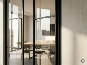 Schwarze Stahl-Glas-Lofttür in modernem Bürointerior mit klaren Glaspaneelen und Blick in einen Besprechungsraum.