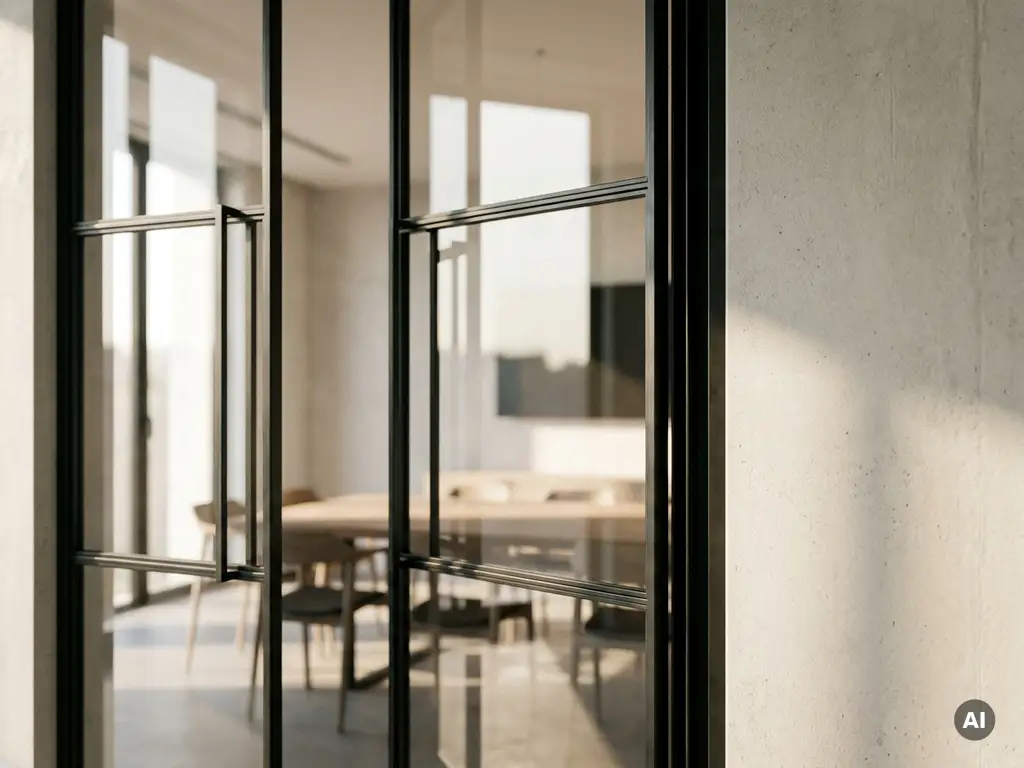 Schwarze Stahl-Glas-Lofttür in modernem Bürointerior mit klaren Glaspaneelen und Blick in einen Besprechungsraum.