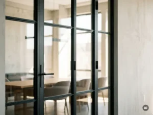 Bodenhohe Stahl-Glas-Lofttür in Schwarz mit filigranen Profilen und klaren Glasflächen in modernem Bürointerior.