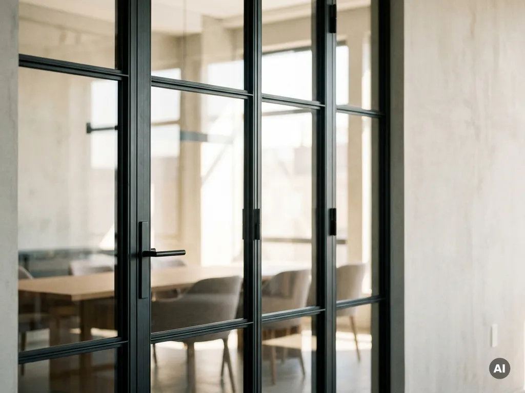 Bodenhohe Stahl-Glas-Lofttür in Schwarz mit filigranen Profilen und klaren Glasflächen in modernem Bürointerior.