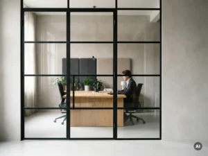 Matte schwarze Stahl-Glas-Lofttür mit Sprossenrahmen trennt elegantes Industriebüro, Eichenholzschreibtisch und Akustikpaneele im Hintergrund.