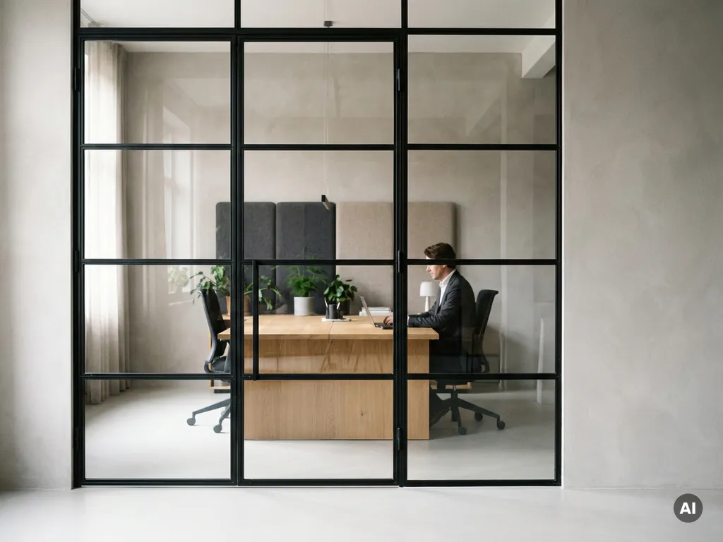 Matte schwarze Stahl-Glas-Lofttür mit Sprossenrahmen trennt elegantes Industriebüro, Eichenholzschreibtisch und Akustikpaneele im Hintergrund.