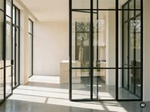 Raumhohe Stahl-Glas-Lofttür mit schwarzen Stahlprofilen und klaren Glasflächen in minimalistischem Gewerbeinnenraum mit Betonboden.