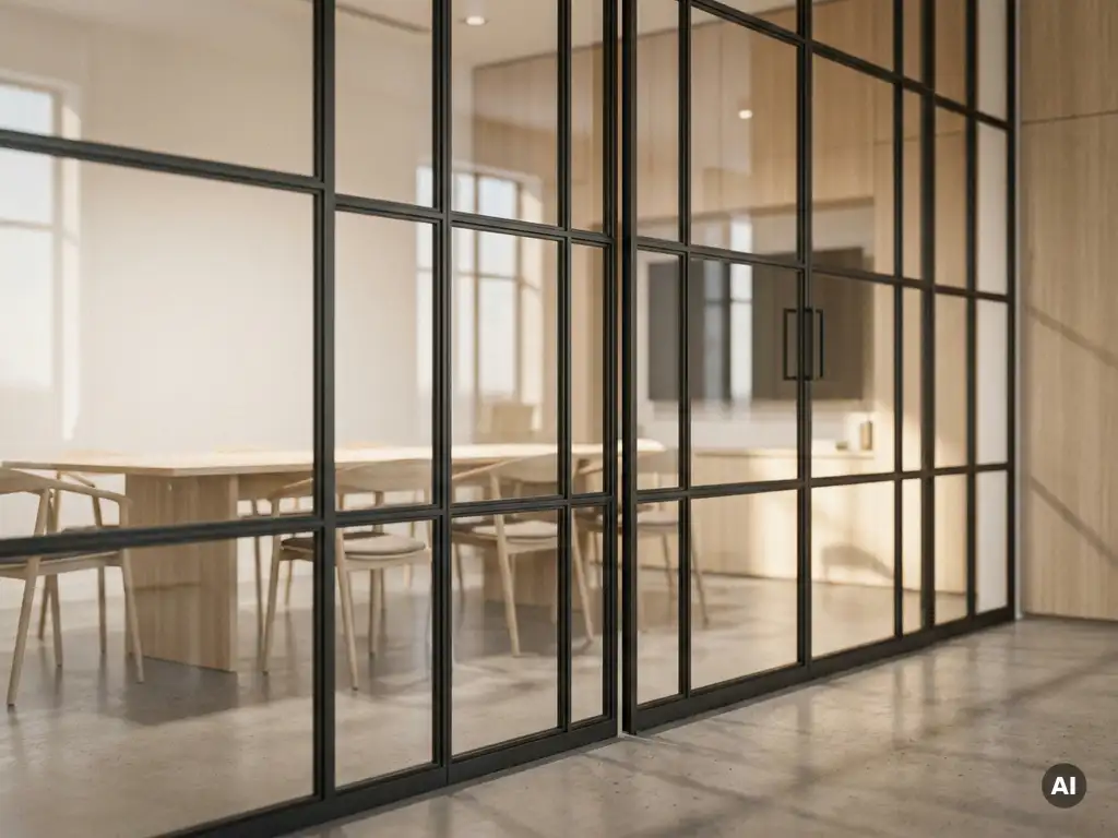 Schwarze Stahllofttür mit Glasfüllungen trennt modernen Büroraum, Betonboden, natürliches Tageslicht, minimalistisches europäisches Design.