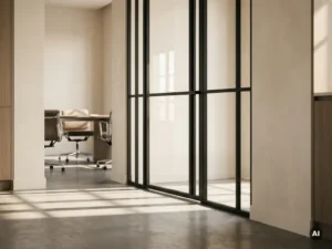 Schlanke Stahllofttür mit klaren Glasflächen und mattschwarzem Rahmen in modernem Interieur mit Betonboden und natürlichem Lichteinfall.