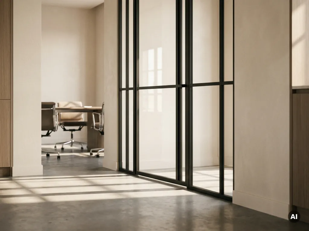 Schlanke Stahllofttür mit klaren Glasflächen und mattschwarzem Rahmen in modernem Interieur mit Betonboden und natürlichem Lichteinfall.