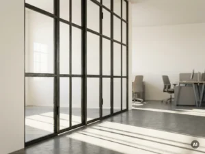 Stahl-Glas-Lofttür mit schwarzen Stahlprofilen und klaren Glasflächen in modernem Büroambiente mit Sichtbetonboden.