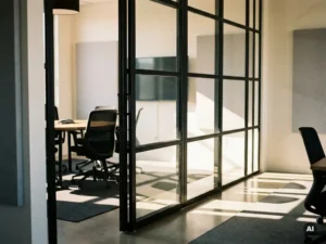 Stahl-Glas-Lofttür mit schwarzen Profilen und klaren Glasflächen in modernem Bürointerior mit Sichtbeton und natürlichem Lichteinfall.